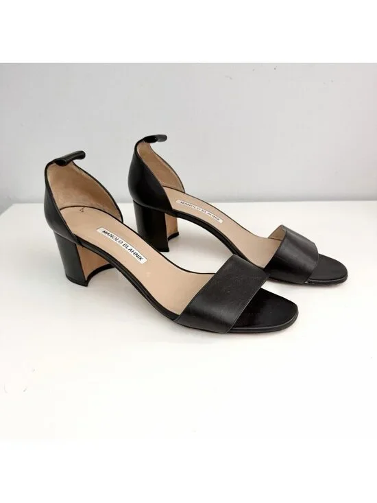 Manolo Blahnik Black Leather Peep Toe Sandal Block Heel Sz 40 / US 10 : NO STRAP