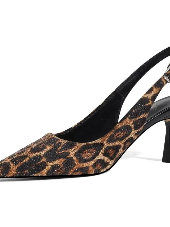 Women's Leopard Kitten Slingback Low Heels Dress Shoes Closed Toe Pumps