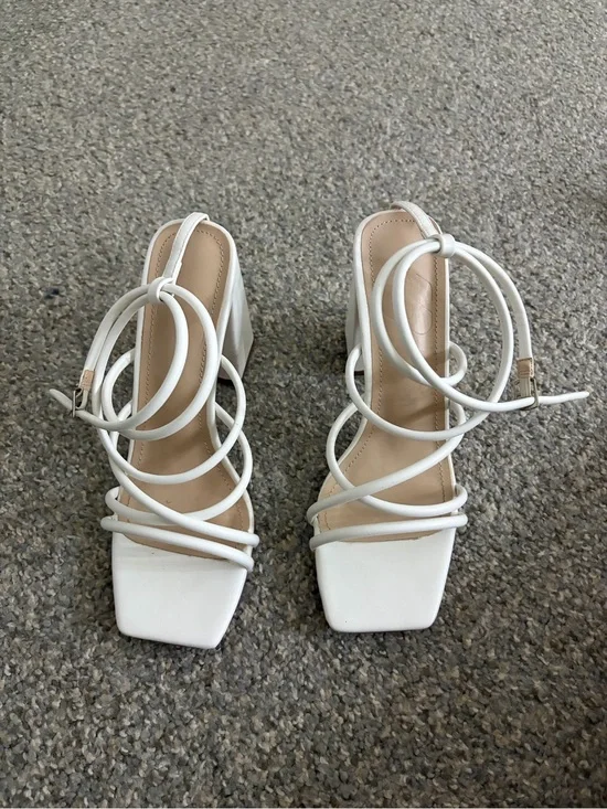 White Strappy Square-Toe Block Heel Sandals - Women's Heeled Sandals