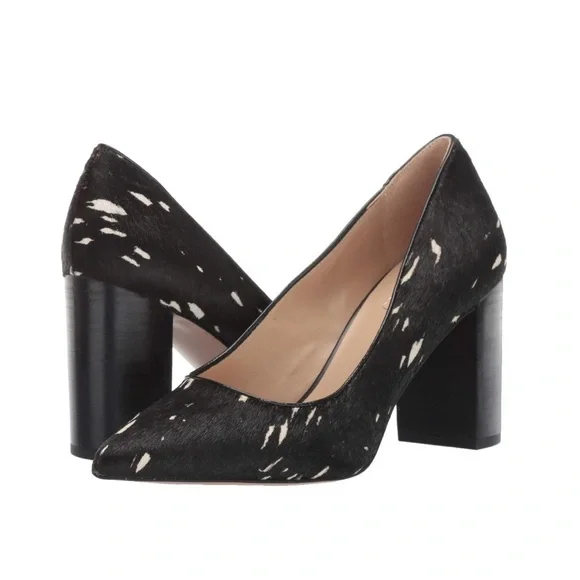 Franco Sarto Leather Cow Hair Black and White 3.35” Palma Pointy Toe Pump, 8M