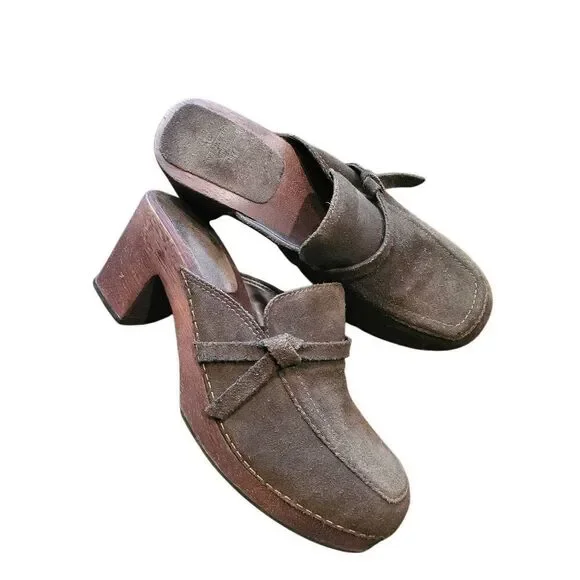 Vintage Y2K American Eagle Mules Women's 9 Brown Suede Leather Wood Heel