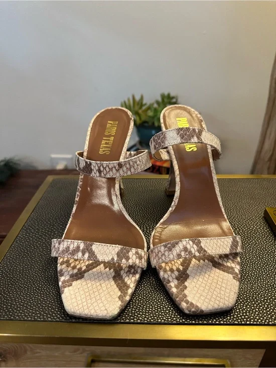 Paris Texas Snake-Print Square-Toe Heeled Sandals