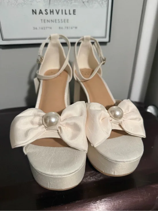 Target Ivory Satin Platform Heels with Bow & Pearl Accent