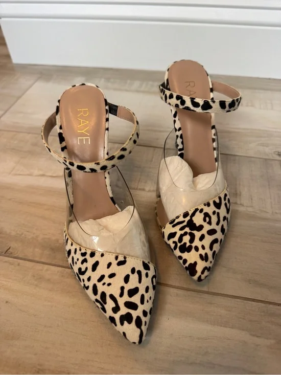 RAYE Leopard-Print Pointed-Toe Ankle Strap Pumps - Cream/Black “Creed Heel”