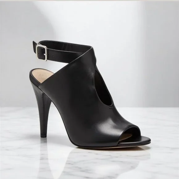 Vince Camuto Aveeria Black Leather Ankle Strap Heeled Sandal Peep Toe Size 10M