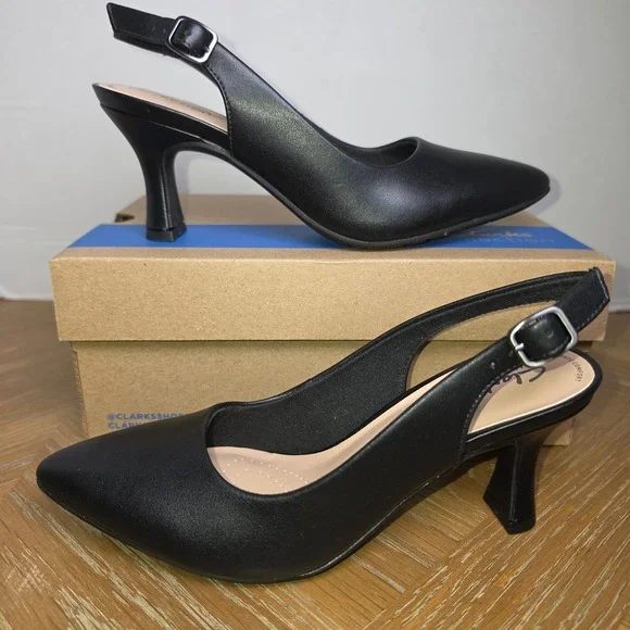 Clarks Kataleyna Step Black Leather Slingback Pumps Women 6M Heels NWB
