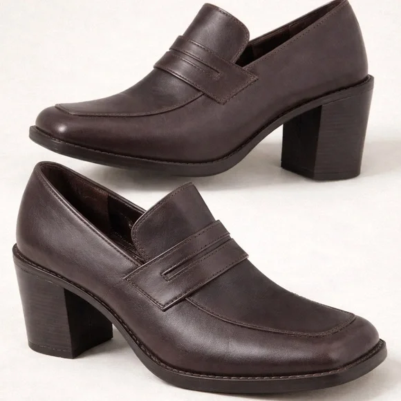 Steve Madden Brown Leather Penny Loafer Heel Shoes y2k Size 8.5