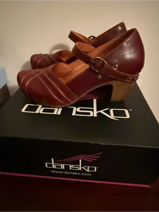 Dansko Burgundy Leather Mary Jane Clog Heels with Buckle