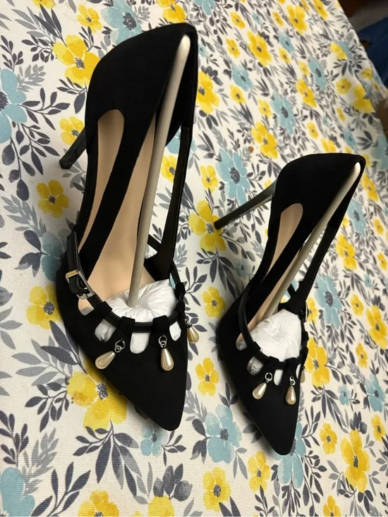 Black Pearl-Embellished Pointed Toe Stiletto Pumps