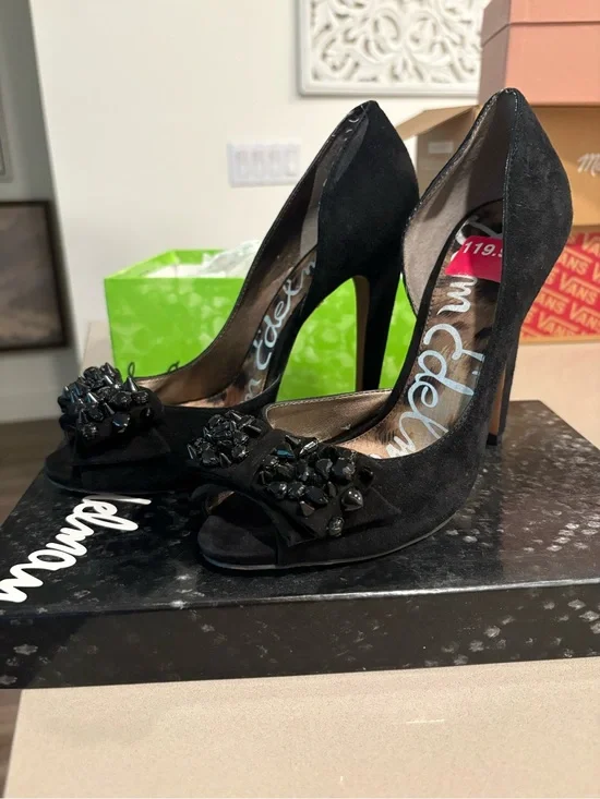 Sam Edelman Black Suede Peep-Toe Heels with Embellishment