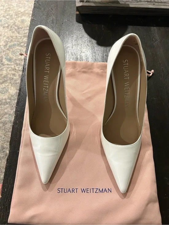 Stuart Weitzman White Pointed-Toe Leather Pumps