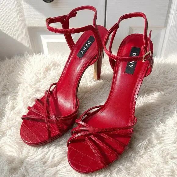 DKNY red strappy heels ankle strap y2k sandals
