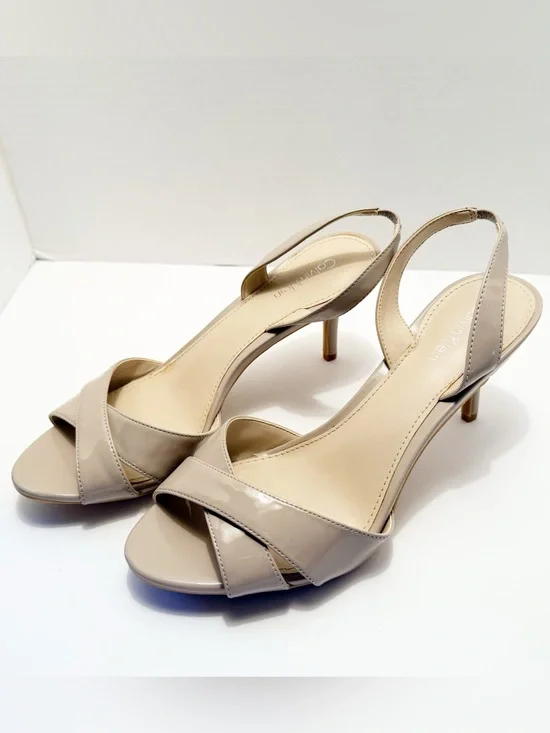 Calvin Klein Glossy Taupe Patent Slingback Heels