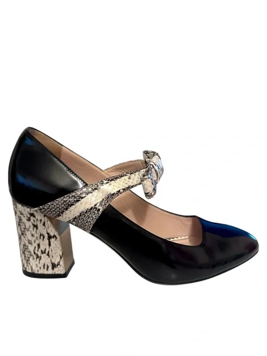 GUCCI Nimue Black Snakeskin Bow Leather Mary Jane Block Heel Pumps 38