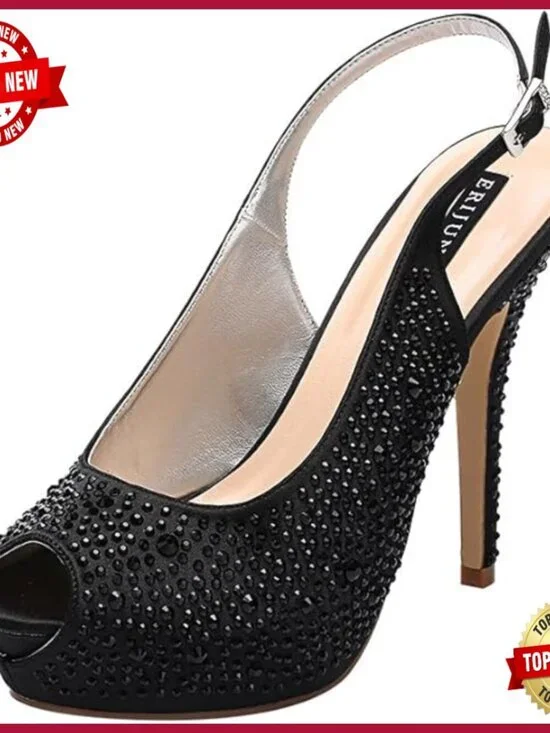 Women Rhinestone Slingback Platform Pumps High Heel Peep Toe Wedding