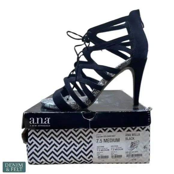 a.n.a Willa Black Strappy Lace Up Heels Snakeskin Detail Women’s‎ 7.5M