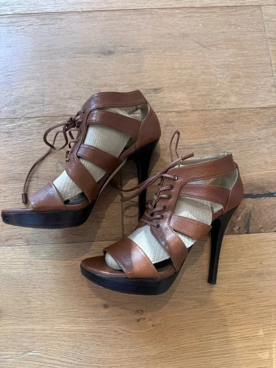 Stuart Weitzman Cognac Leather Lace-Up Platform Stiletto Sandal | Size 5.5