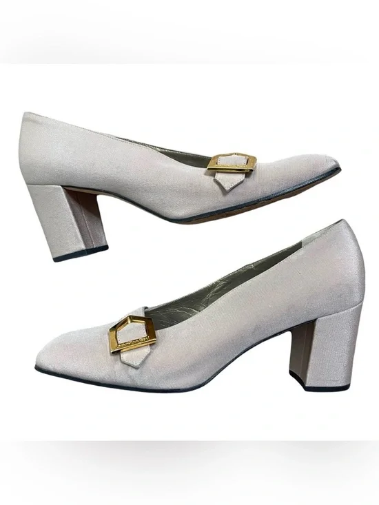 Yves Saint Laurent YSL buckle square toe block heel pumps size 7 vintage