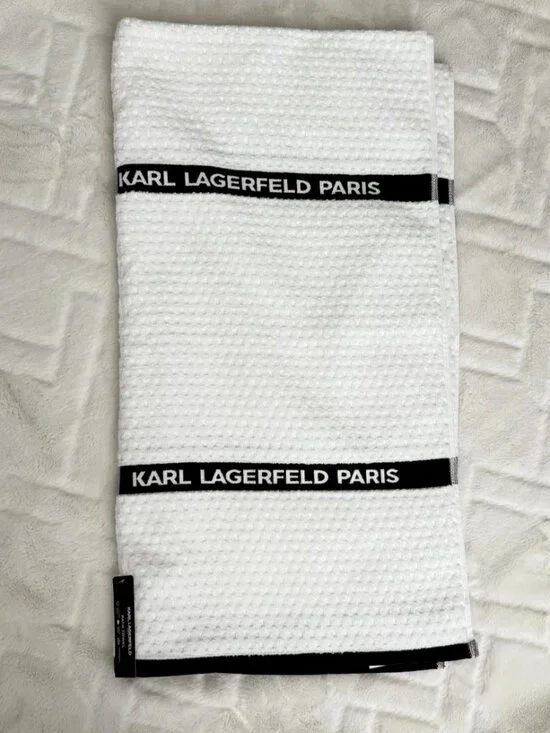 Karl Lagerfeld Paris White Black Stripe Waffle Bath Towel 27x54 NWT