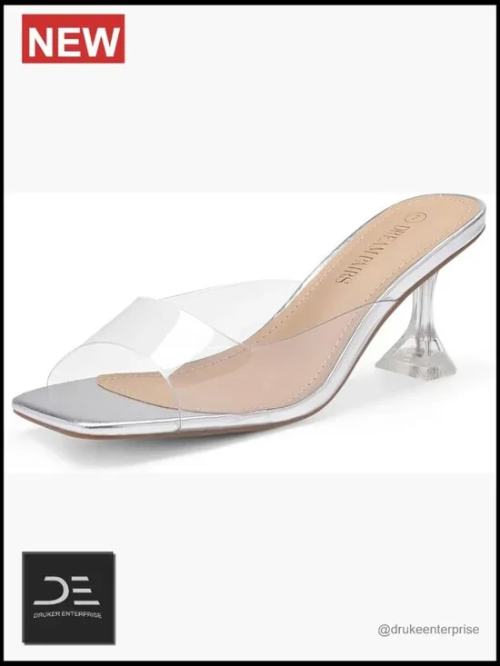 Clear Heeled Sandals Square Toe Transparent Stiletto Mules Slip On Shoes
