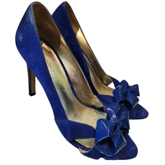 Enzo Angiolini Royal Blue Suede Peep Toe Heels Shoe Patent Leather Bow Size 7.5