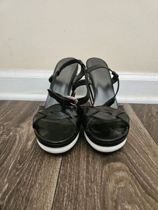 Stuart Weitzman Black And White Wedge Ankle-Strap Sandals, Size 8.5