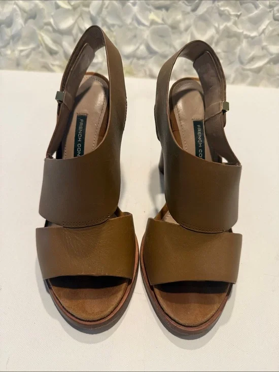French Connection Brown Leather Open-Toe Slingback Heels