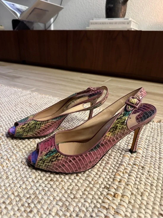 Vintage Manolo Blahnik Snakeskin Slingback Heels | Peep-Toe Pumps | Size 39.5