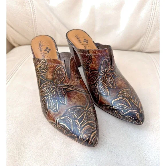 Patricia Nash Ruffina Womens 8 Heeled Leather Mules Western Pointed Boho Gold