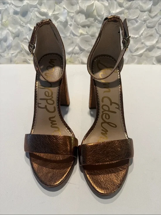 Sam Edelman Metallic Bronze Ankle-Strap Block Heel Sandals