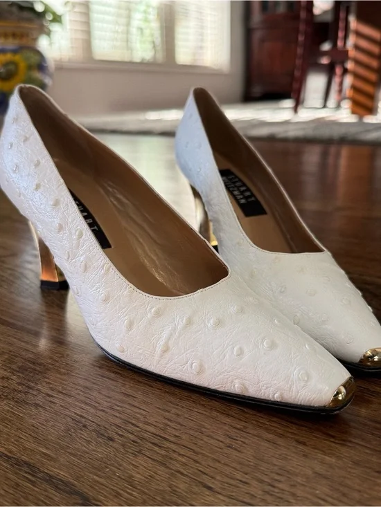 Stuart Weitzman White Textured Leather Pumps with Gold Toe Caps
