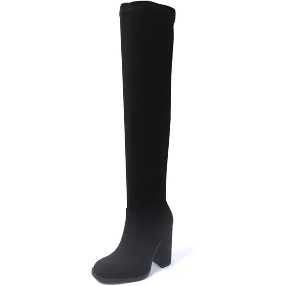 Women's Black 2 Thigh High Over The Knee Leather Heels Long Sexy Round Toe Boots