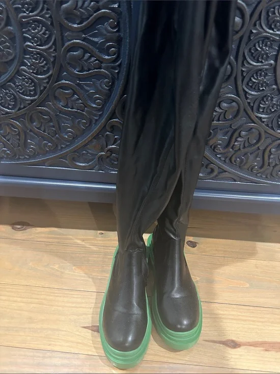 Women’s Black Knee-High Boots with Green Platform Sole