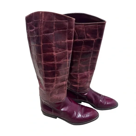 Sandra Gibellini Vintage Women's Burgundy 100% Leather Croc Knee High Boots EU37