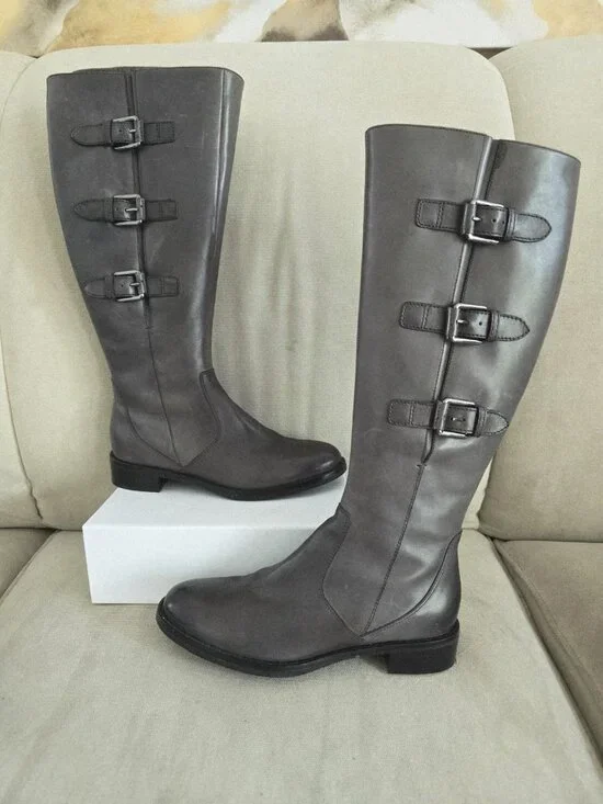 Ecco Hobart Grey Buckle Tall Riding Boots 37 6 6.5 Womens Shoes Zip Knee High