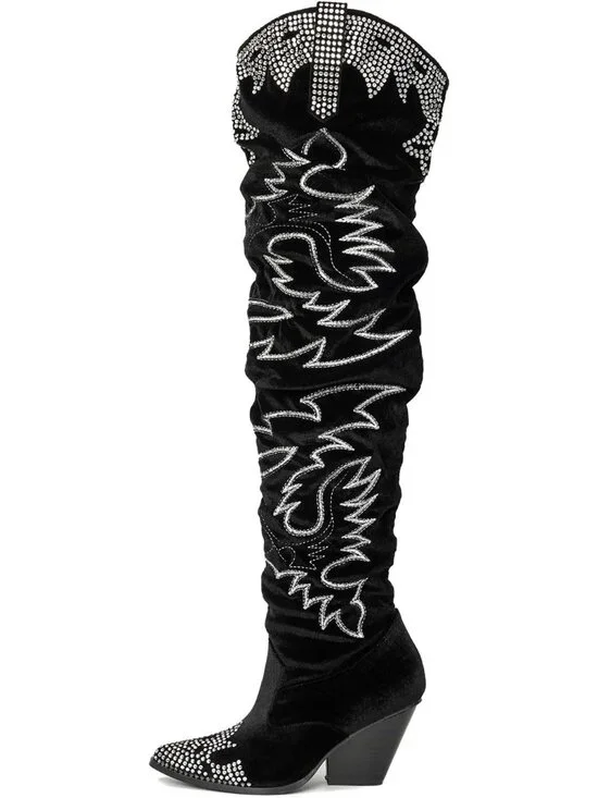 Women's Black Rhinestone Embroidered Thigh High Slouchy Wide Calf Cowgirl Boots