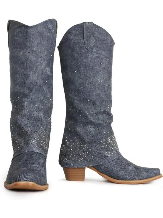 Women's Dark Blue Rhinestones Fold Over Wide Calf Fashion Western Knee High Boot