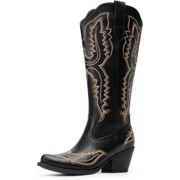 Women's Black Square Toe Comfortable Side Zipper Tall Cowboy Knee High Boots