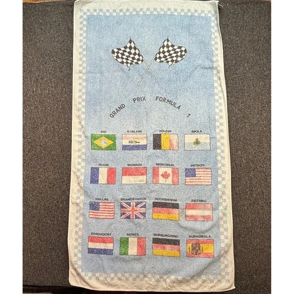 Vintage Grand Prix Formula 1 Towel Italy Blue Racing Flags 80s 90s Retro Faded