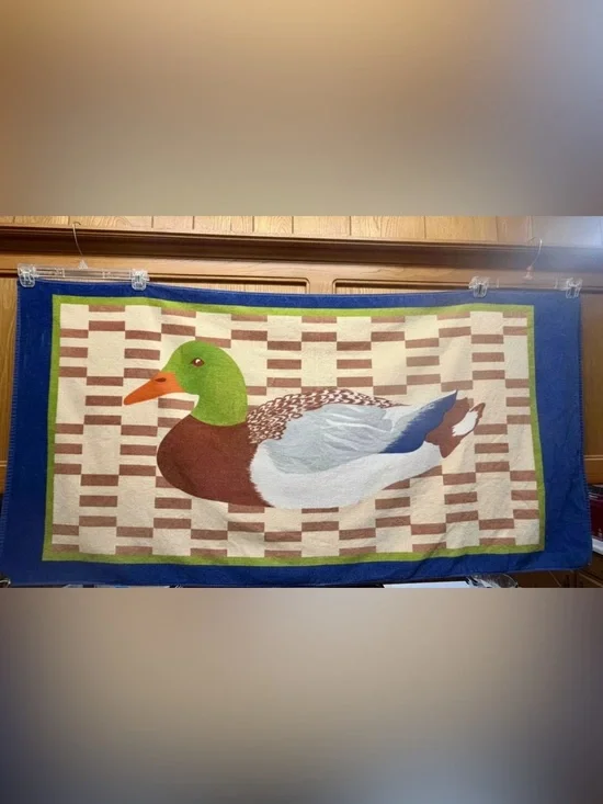Vintage 80s Mallard Duck Decoy velour Beach Towel made in Brazil