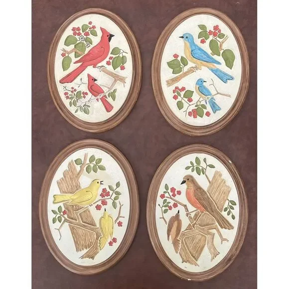 VTG‎ Chalkware Birds of America Wall Plaques Set 4 Cardinal Robin Decor