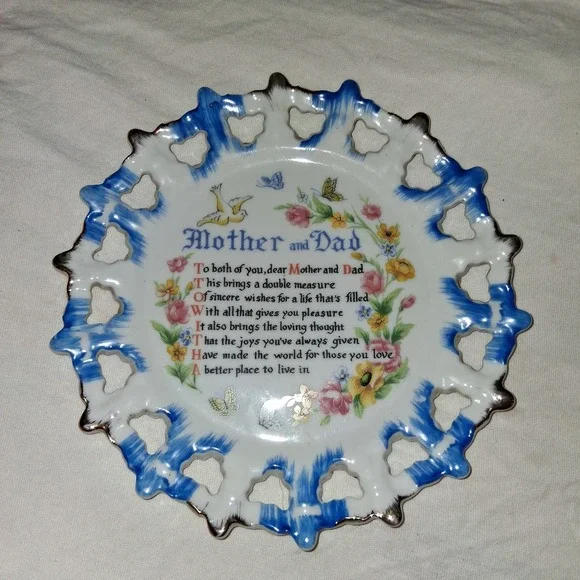 Mother and Dad Vintage  Plate Plaque Hanging‎ Plaque Gift Poem 8''