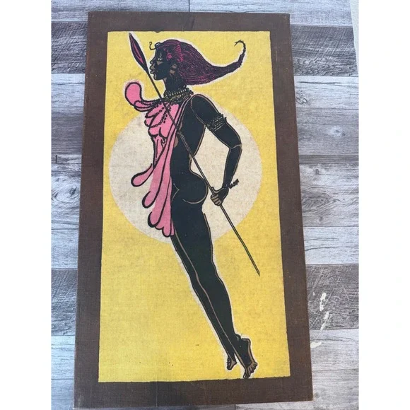 VTG Mid Century Modern African Warrior Dancer Fabric Print Silhouette Art MCM