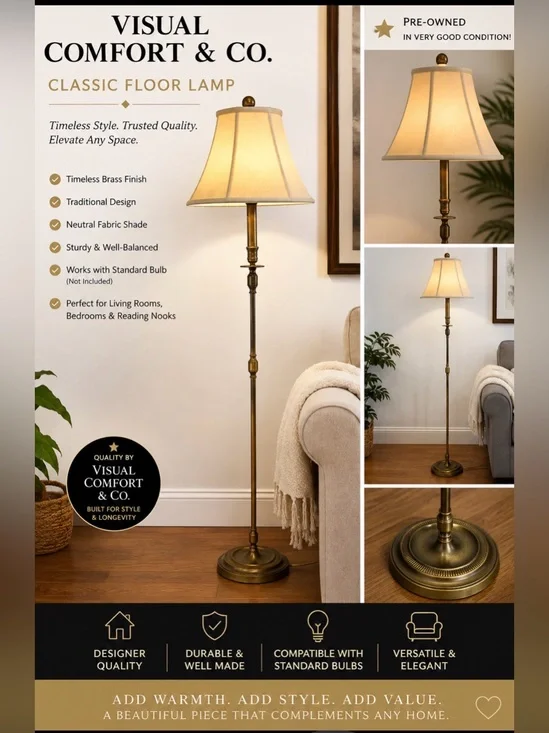 Visual Comfort & Co. Brass Floor Lamp Traditional Designer Lighting w/ Shade