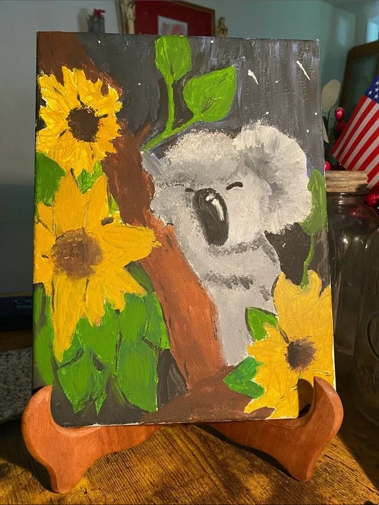 Gray Koala Canvas Art with Yellow Sunflowers artist signed