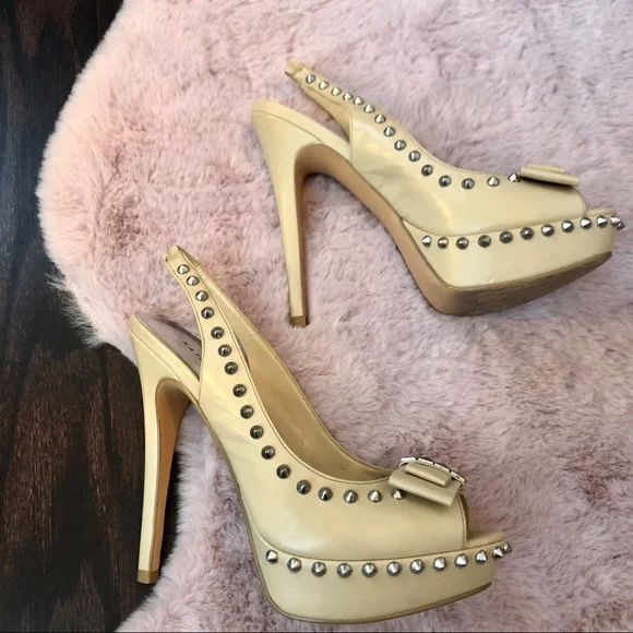 Women’s Beige Platform Slingback Heels with Stud Accents