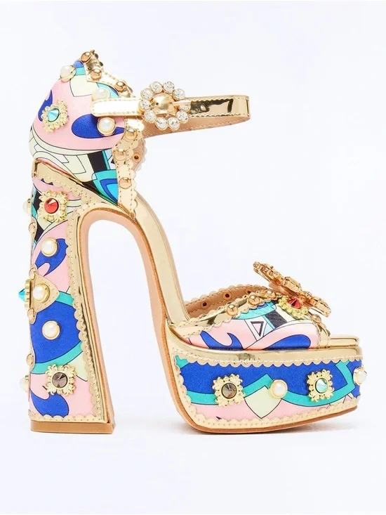 Fashion Nova Pink Multicolor Jeweled Platform Sandal with Gold Trim