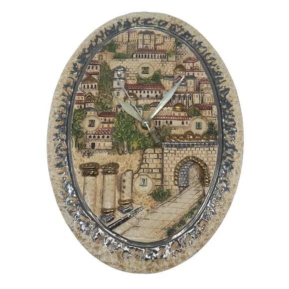Jerusalem Old City 3D Relief Oval Wall Clock Quartz Movement Home Decor 11.5in