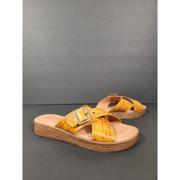 BELLA VITA Slide Wedge Sandal Womens 5.5M Cognac Mustard Croco Leather Buckle