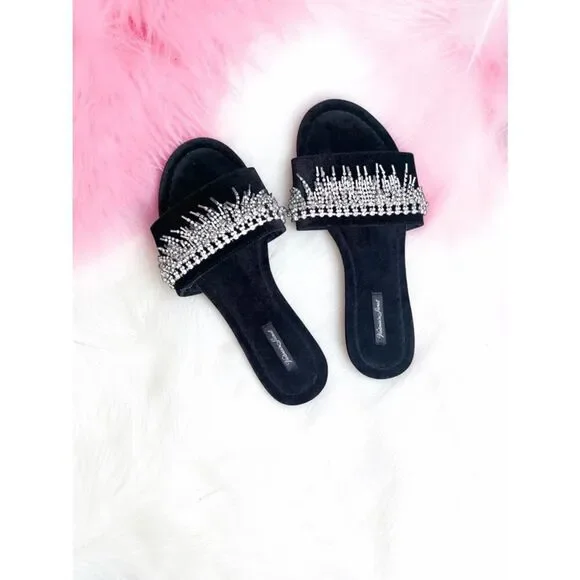 Victoria’s Secret l Black Silver Fringe Bling Flat Slippers, Slides l Med 8-9